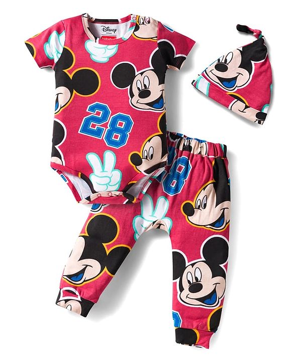 Babyhug Disney Interlock Knit Half Sleeves Onesie & Diaper Legging with Pony Cap Set  Mickey Mouse Print - Red
