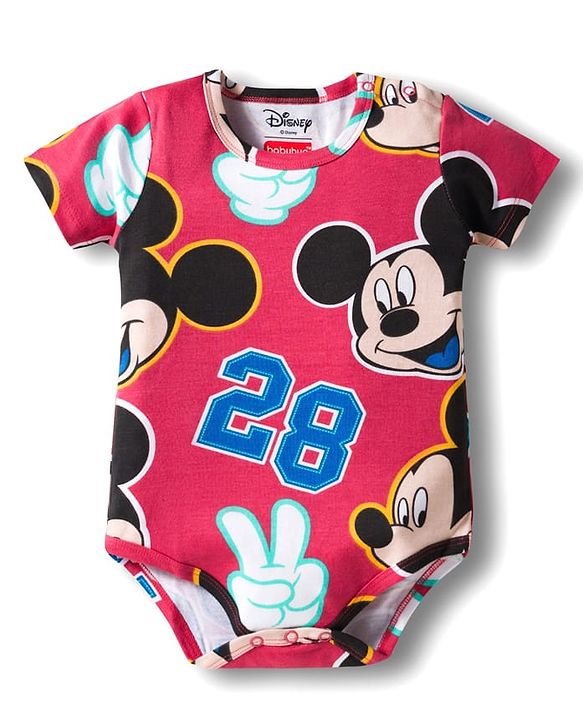 Babyhug Disney Interlock Knit Half Sleeves Onesie & Diaper Legging with Pony Cap Set  Mickey Mouse Print - Red