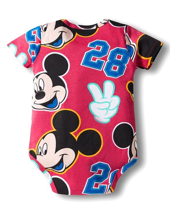 Babyhug Disney Interlock Knit Half Sleeves Onesie & Diaper Legging with Pony Cap Set  Mickey Mouse Print - Red