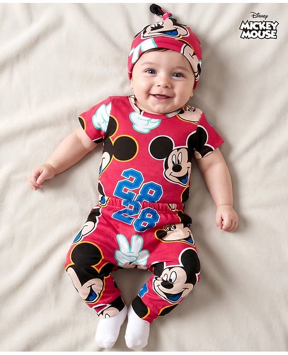Babyhug Disney Interlock Knit Half Sleeves Onesie & Diaper Legging with Pony Cap Set  Mickey Mouse Print - Red