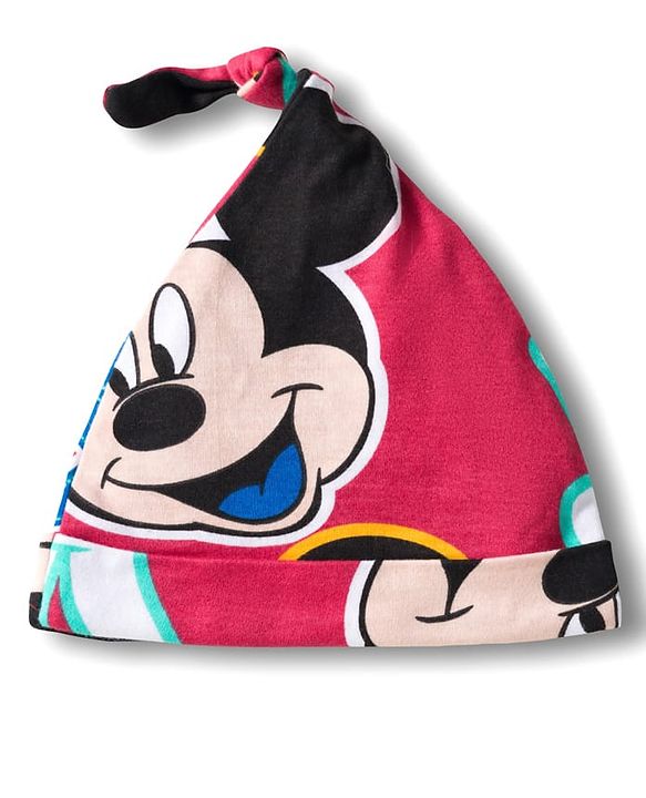 Babyhug Disney Interlock Knit Half Sleeves Onesie & Diaper Legging with Pony Cap Set  Mickey Mouse Print - Red