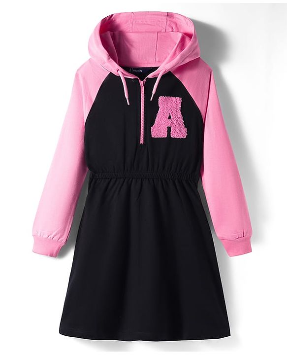 Pine Kids Cotton Knit Full Raglan Sleeves Winter Hooded Sweatshirt Dress With A Text Print - Black & Pink