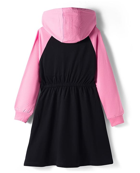 Pine Kids Cotton Knit Full Raglan Sleeves Winter Hooded Sweatshirt Dress With A Text Print - Black & Pink