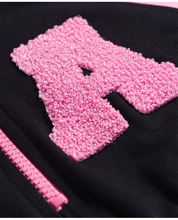 Pine Kids Cotton Knit Full Raglan Sleeves Winter Hooded Sweatshirt Dress With A Text Print - Black & Pink