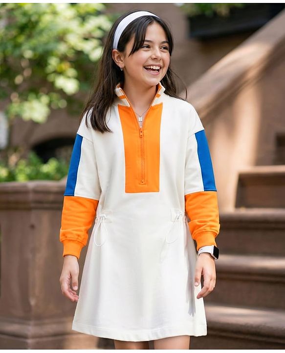 Pine Kids Cotton Knit Full Drop Shoulder Sleeves Winter Frock with Color Block Design - Marshmallow White & Yellow