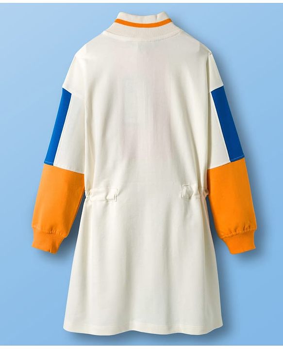 Pine Kids Cotton Knit Full Drop Shoulder Sleeves Winter Frock with Color Block Design - Marshmallow White & Yellow