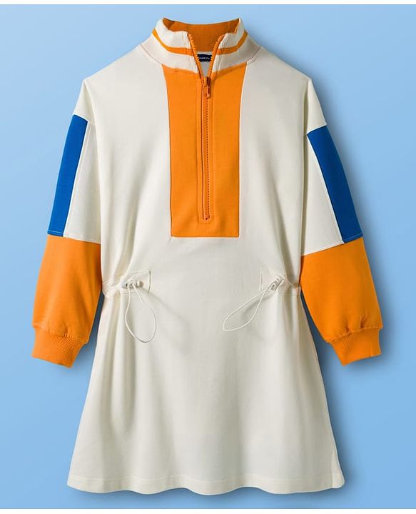 Pine Kids Cotton Knit Full Drop Shoulder Sleeves Winter Frock with Color Block Design - Marshmallow White & Yellow