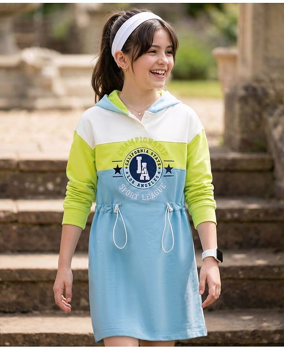 Pine Kids Cotton Knit Full Sleeves Cut & Sew Hooded Winter Frock with Text Embroidery - Aqua Blue & Limegreen