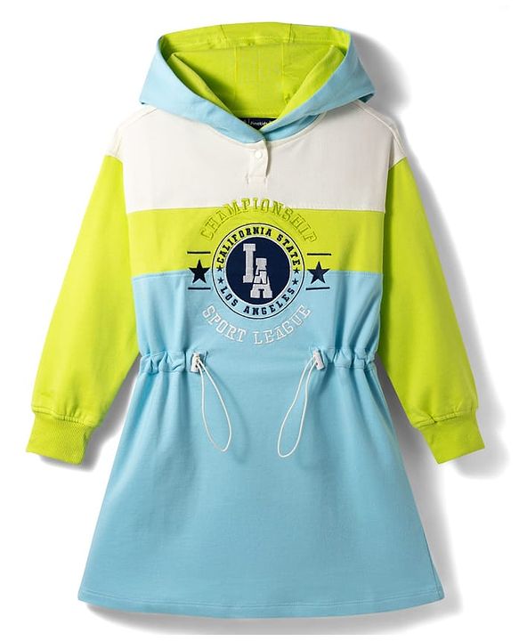 Pine Kids Cotton Knit Full Sleeves Cut & Sew Hooded Winter Frock with Text Embroidery - Aqua Blue & Limegreen