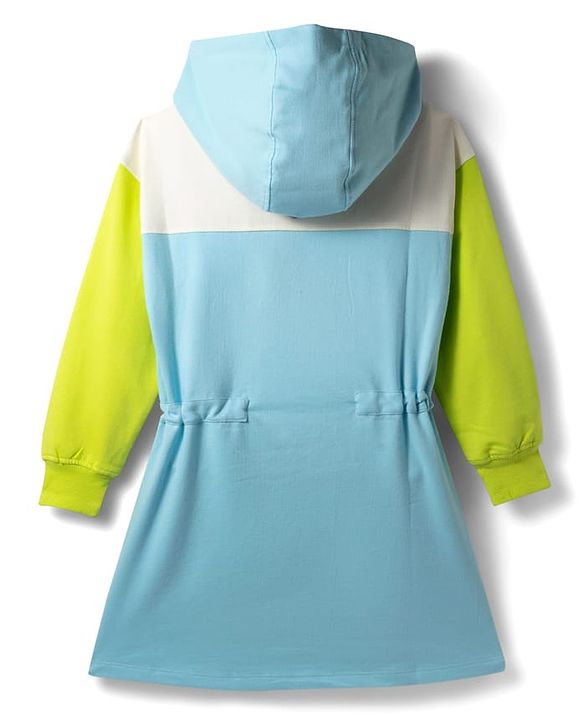 Pine Kids Cotton Knit Full Sleeves Cut & Sew Hooded Winter Frock with Text Embroidery - Aqua Blue & Limegreen