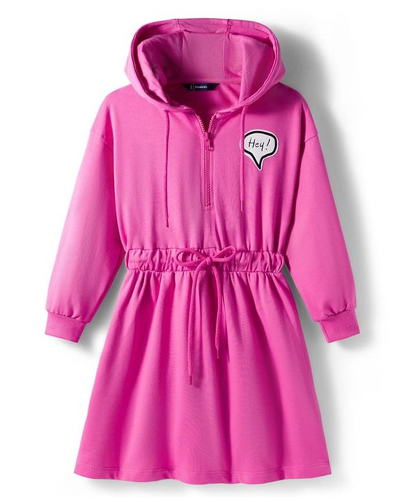 Pine Kids Cotton Knit Full Sleeves Sweatshirt Dress With Text Print - Dark Pink