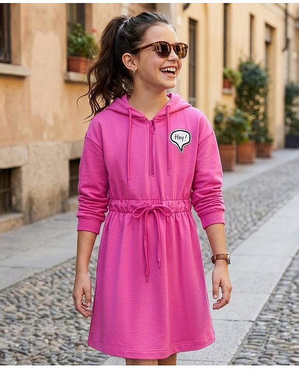 Pine Kids Cotton Knit Full Sleeves Sweatshirt Dress With Text Print - Dark Pink