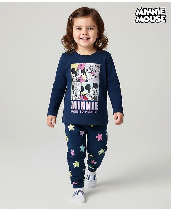 Babyhug Disney Single Jersey Knit Full Sleeves Night Suit With Minnie Mouse & Friends Graphics - Navy Blue
