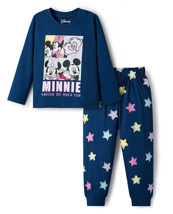 Babyhug Disney Single Jersey Knit Full Sleeves Night Suit With Minnie Mouse & Friends Graphics - Navy Blue