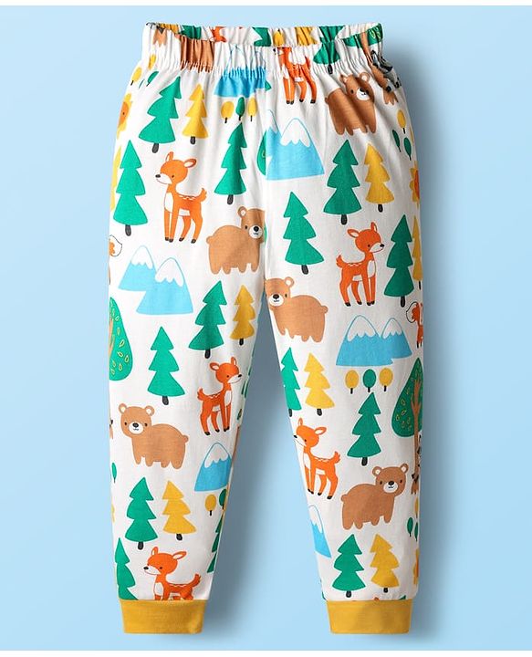 Babyhug Cotton Knit Full Sleeves Co-ords Night Suit with Jungle Theme Print - White