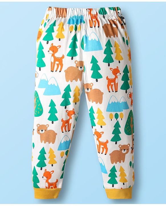 Babyhug Cotton Knit Full Sleeves Co-ords Night Suit with Jungle Theme Print - White
