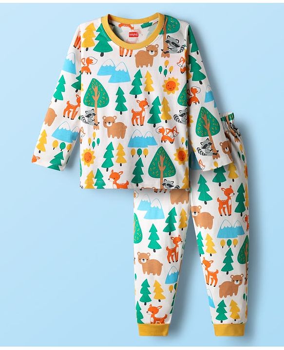 Babyhug Cotton Knit Full Sleeves Co-ords Night Suit with Jungle Theme Print - White