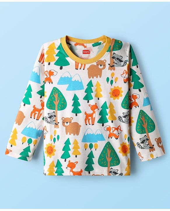 Babyhug Cotton Knit Full Sleeves Co-ords Night Suit with Jungle Theme Print - White