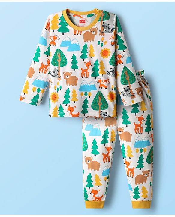 Babyhug Cotton Knit Full Sleeves Co-ords Night Suit with Jungle Theme Print - White