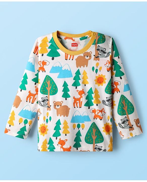 Babyhug Cotton Knit Full Sleeves Co-ords Night Suit with Jungle Theme Print - White