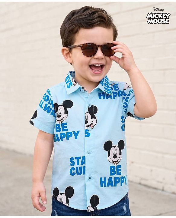 Babyhug Disney Woven Half Sleeves Shirts With Mickey Mouse Print - Blue