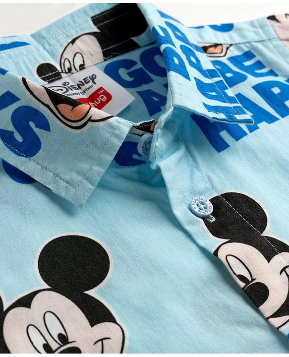 Babyhug Disney Woven Half Sleeves Shirts With Mickey Mouse Print - Blue