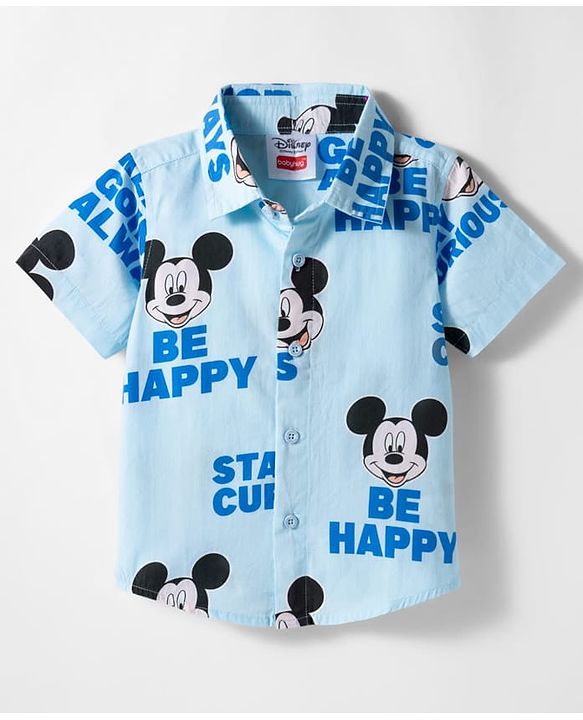 Babyhug Disney Woven Half Sleeves Shirts With Mickey Mouse Print - Blue