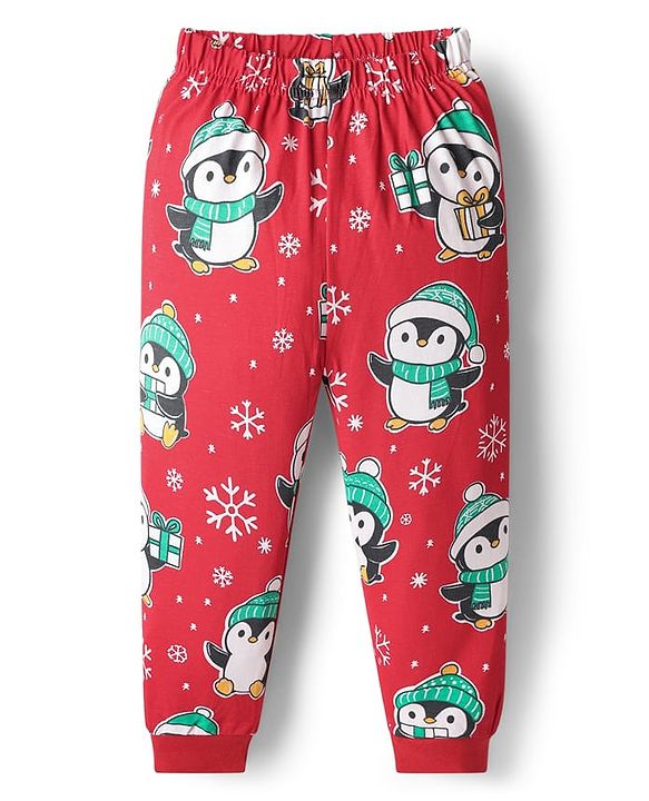 Babyhug Knit Full Sleeves Winter Wear Co-ords Night Suit With Penguin Print - Red