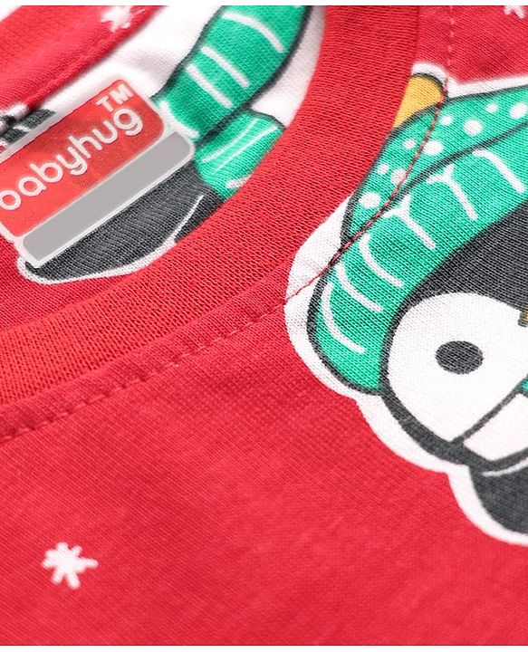 Babyhug Knit Full Sleeves Winter Wear Co-ords Night Suit With Penguin Print - Red