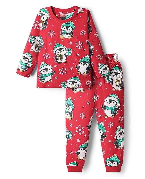 Babyhug Knit Full Sleeves Winter Wear Co-ords Night Suit With Penguin Print - Red