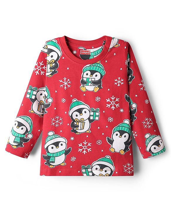 Babyhug Knit Full Sleeves Winter Wear Co-ords Night Suit With Penguin Print - Red