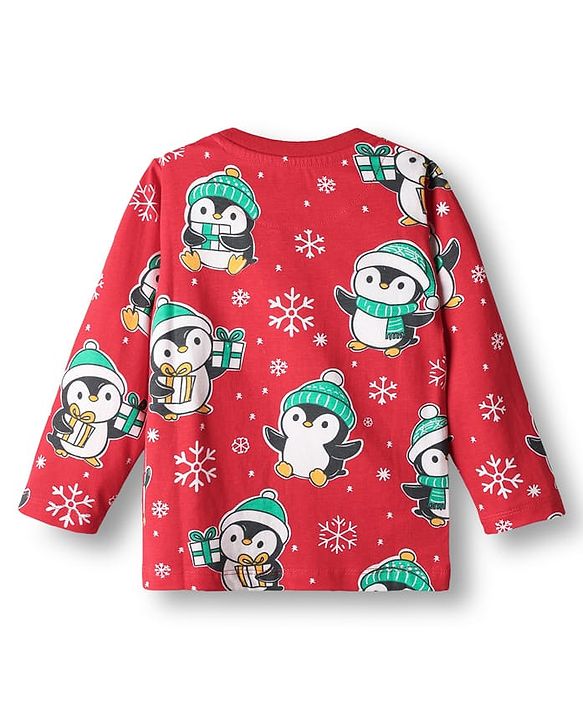 Babyhug Knit Full Sleeves Winter Wear Co-ords Night Suit With Penguin Print - Red
