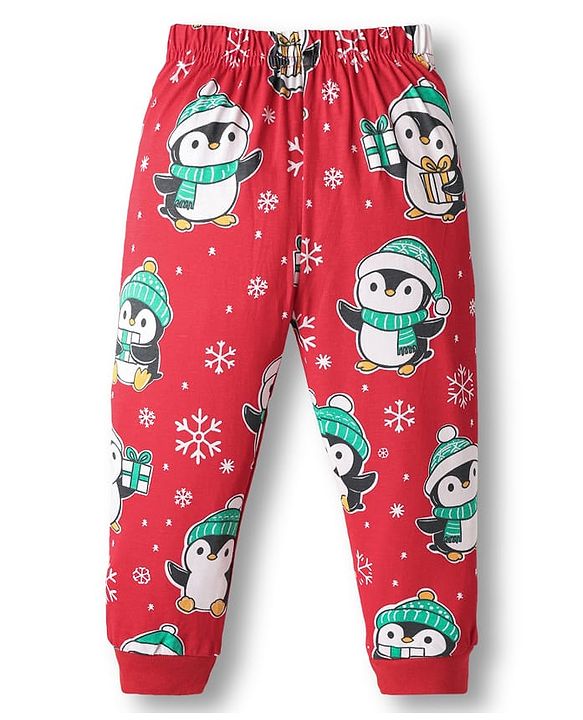 Babyhug Knit Full Sleeves Winter Wear Co-ords Night Suit With Penguin Print - Red
