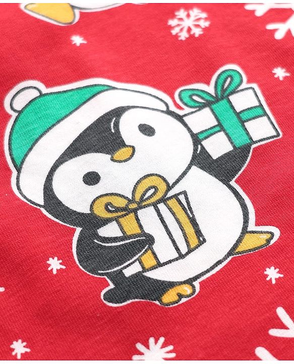 Babyhug Knit Full Sleeves Winter Wear Co-ords Night Suit With Penguin Print - Red