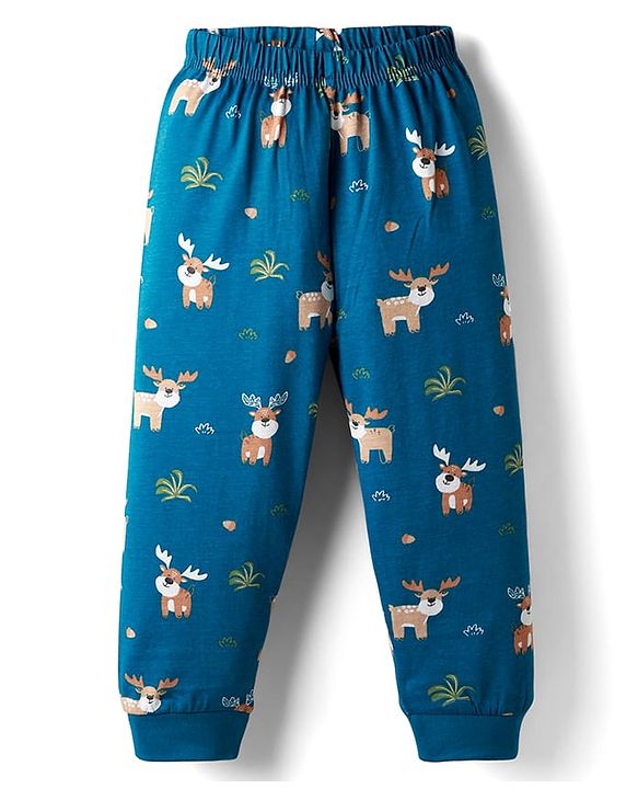 Babyhug Cotton Knit Full Sleeves Night Suit with Reindeer Print - Blue