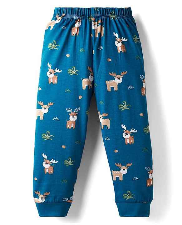 Babyhug Cotton Knit Full Sleeves Night Suit with Reindeer Print - Blue