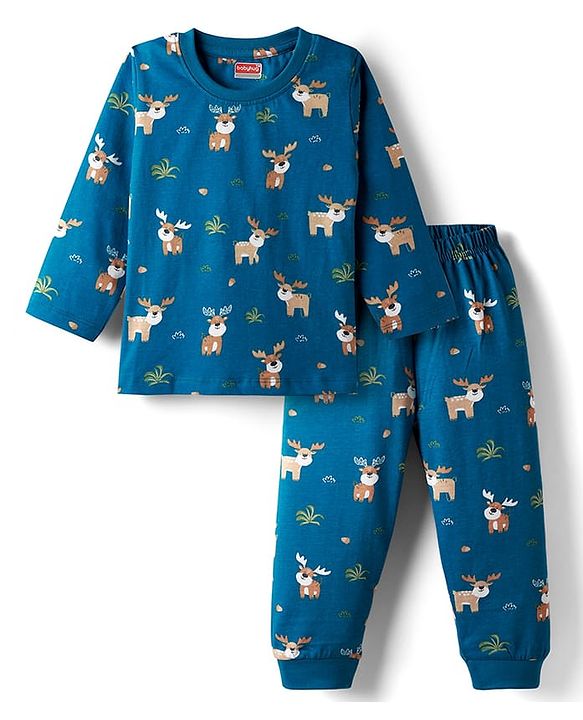 Babyhug Cotton Knit Full Sleeves Night Suit with Reindeer Print - Blue