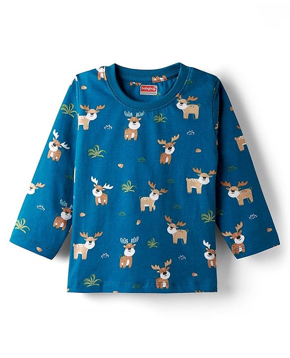 Babyhug Cotton Knit Full Sleeves Night Suit with Reindeer Print - Blue