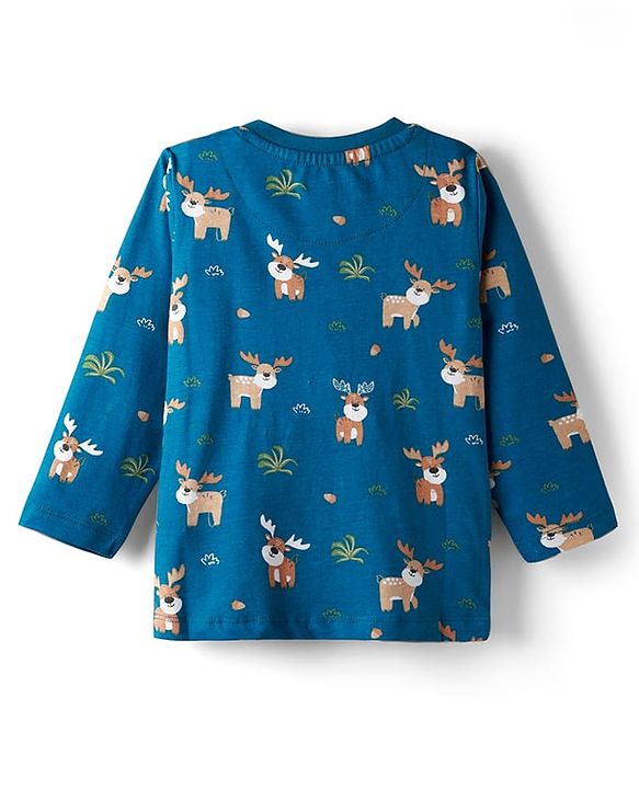 Babyhug Cotton Knit Full Sleeves Night Suit with Reindeer Print - Blue