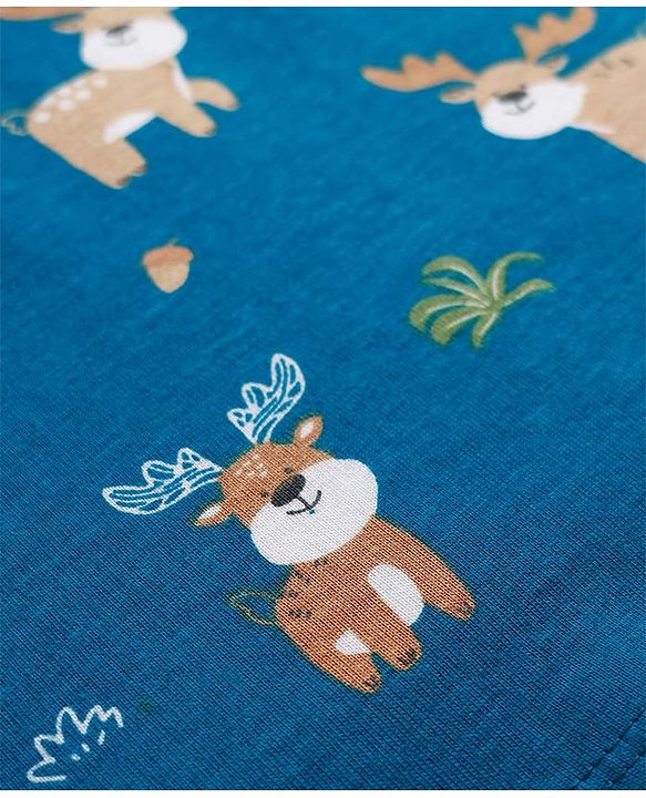 Babyhug Cotton Knit Full Sleeves Night Suit with Reindeer Print - Blue