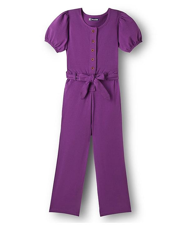 Pine Kids Cotton Knit Half Sleeves Solid Jumpsuit With Belt - Purple