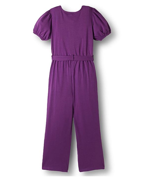 Pine Kids Cotton Knit Half Sleeves Solid Jumpsuit With Belt - Purple