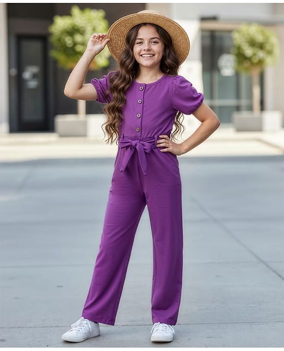 Pine Kids Cotton Knit Half Sleeves Solid Jumpsuit With Belt - Purple