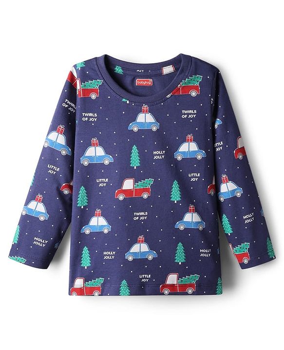 Babyhug Cotton Knit Full Sleeves Co-ords Night Suit with Christmas Print - Navy Blue