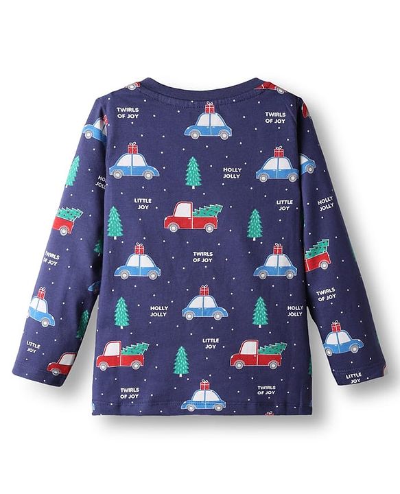Babyhug Cotton Knit Full Sleeves Co-ords Night Suit with Christmas Print - Navy Blue