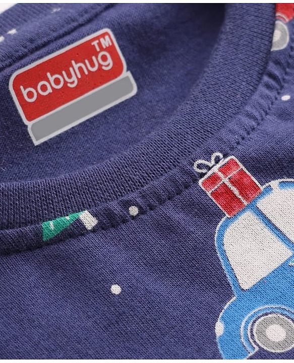 Babyhug Cotton Knit Full Sleeves Co-ords Night Suit with Christmas Print - Navy Blue