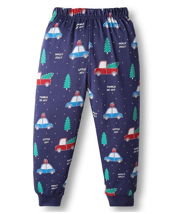 Babyhug Cotton Knit Full Sleeves Co-ords Night Suit with Christmas Print - Navy Blue