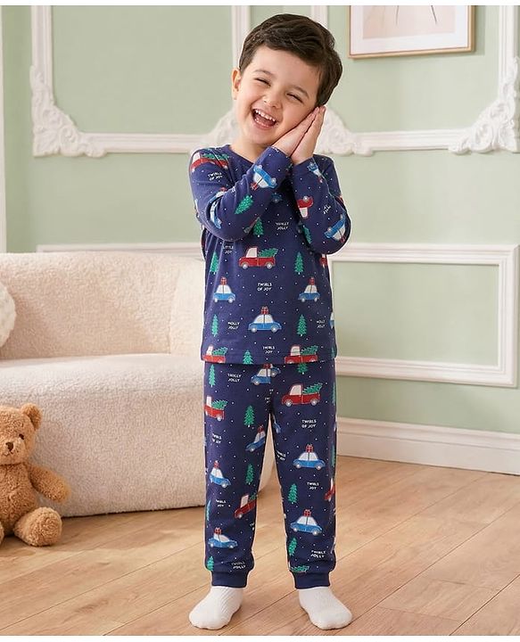 Babyhug Cotton Knit Full Sleeves Co-ords Night Suit with Christmas Print - Navy Blue