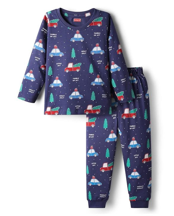 Babyhug Cotton Knit Full Sleeves Co-ords Night Suit with Christmas Print - Navy Blue