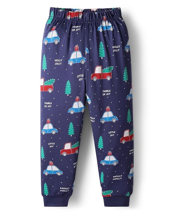 Babyhug Cotton Knit Full Sleeves Co-ords Night Suit with Christmas Print - Navy Blue